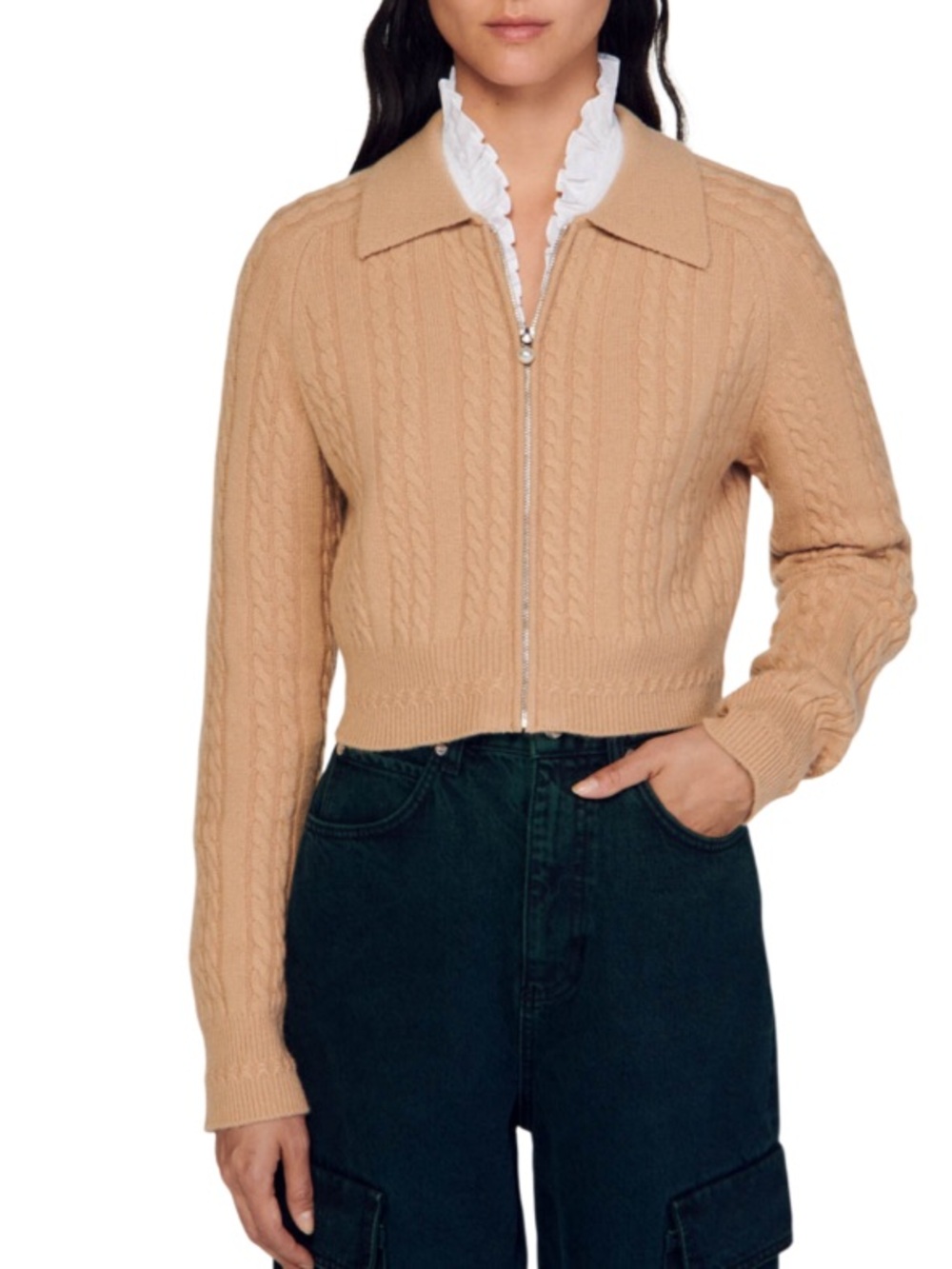 Sandro Tan  Wool Cable Knit Zipper Crop
Cardigan Size 0 NWOT - Picture 3 of 15